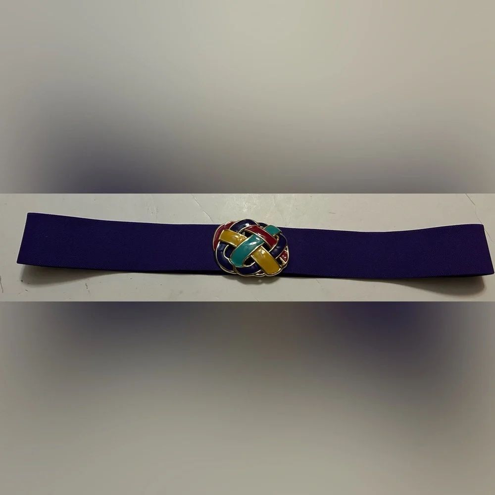 Vintage purple stretch belt with multicolored buckle waist 28 inches